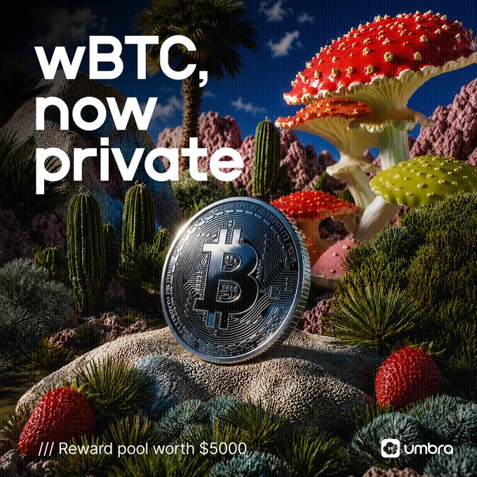 The image shows a Bitcoin coin displayed in a surreal landscape of colorful mushrooms, cacti, and strawberries, with text reading "wBTC, now private" and "/// Reward pool worth $5000" alongside the Umbra logo. The fantastical, hidden nature of the scene visually reinforces the post's message about building a private Bitcoin position on Umbra.