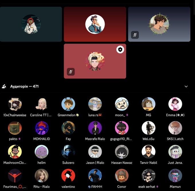 A Discord-style community page titled 'Аудuторія — 471' displaying various anime and cartoon-style user avatars arranged in a grid with usernames like 'Caroline', 'Greemelon', 'MashroomClo...', and 'valentino'.