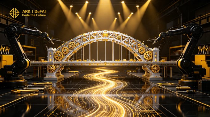 In a futuristic factory setting, robotic arms assemble an intricate, gear-laden bridge under the ARK | DeFai logo, illustrating the app's ability to connect ideas and build ecosystems. The glowing pathway beneath the bridge symbolizes the flow of progress and connections enabled by the Arkie AI App.
