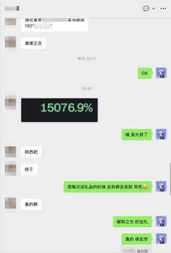 A screenshot of a chat conversation in Chinese. One prominent message shows a large percentage '15076.9%'. Other visible text messages include 'OK', '涨 太大型了' (Increased a lot), and '我确实太送礼的时候 总看群友发红包 元气' (I really look at group friends sending red envelopes when gifting).