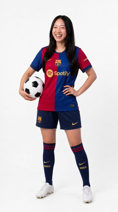 A woman smiling while holding a black and white soccer ball, wearing an FC Barcelona kit (blue and claret jersey with Spotify sponsor logo) and matching shorts with BARÇA-branded socks and white cleats.
