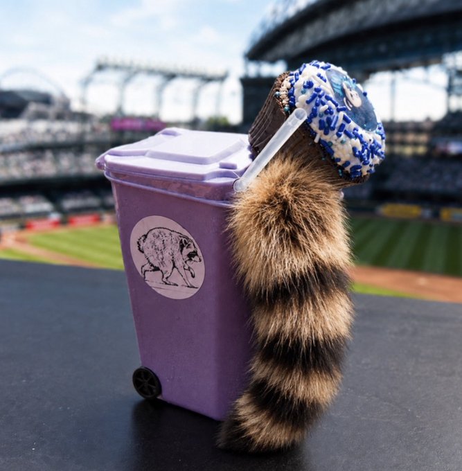 A furry raccoon tail hangs off a purple toy trash can adorned with a buffalo logo, set against a baseball stadium backdrop. The image visually represents the viral "Jimothy" cocktail promotion mentioned in the post, tying the meme's mascot to the stadium concession experience.