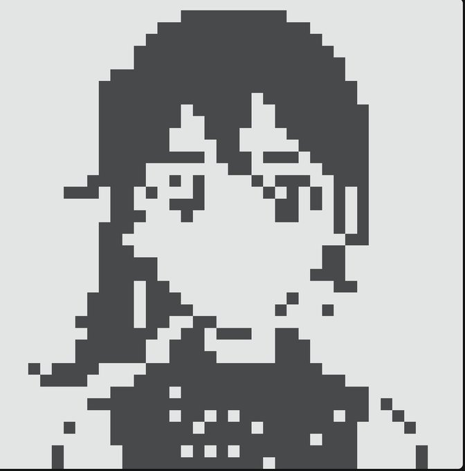 Grayscale pixel art portrait of a figure with shoulder-length hair and what appears to be an eyepatch or glasses.