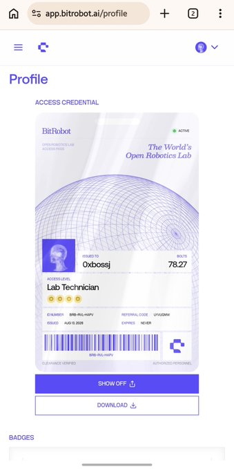 The image shows a BitRobot profile page displaying a credential card for "Lab Technician" status issued to user "Oxbossj" with rating 78.27, ranked #2238, and registration date Aug 13, 2026. The accompanying post expresses frustration about not seeing actual progress on BitRobot tasks and concerns about conversion losses, suggesting the user is unhappy that their profile page only displays their credential and badges rather than tangible task completion rewards.