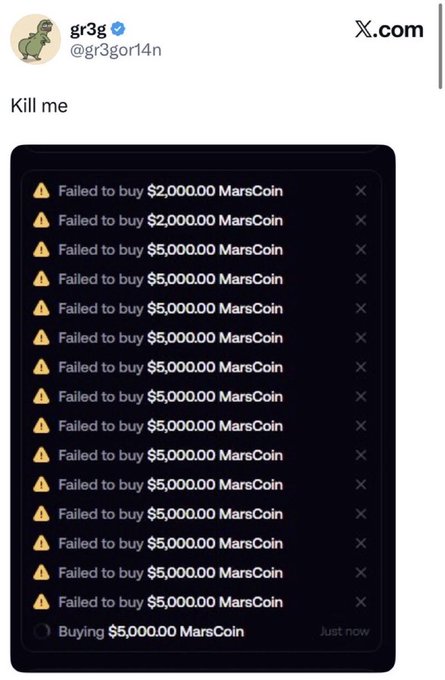 A tweet by user "gr3g" (@gr3gor14n) captioned "Kill me" shows a long list of error messages reading "Failed to buy [amount] MarsCoin," with amounts ranging from $2,000 to $5,000 repeated many times, ending with one "Buying $5,000.00 MarsCoin Just now" notification—humorously illustrating the post's complaint about Fomo app's inability to process trades without failures.
