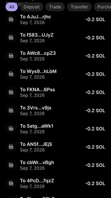 Screenshot of a crypto transaction history showing a series of 0.2 SOL transfers sent to various recipients (with addresses like AJuJ...rjhc, fs83...UjyZ, AWc8...cpZ3, Wys9...hLbM, FKNA...6Pss, 3Vrs...v9js, 5atg...aWk1, AN5f...JEjS, cbWr...vBgh, 4PcD...7qZZ) all dated Sep 7, 2026, which appears to support the poster's claim of distributing 2.4 SOL in giveaway rewards via t.me/fluffyalpha.