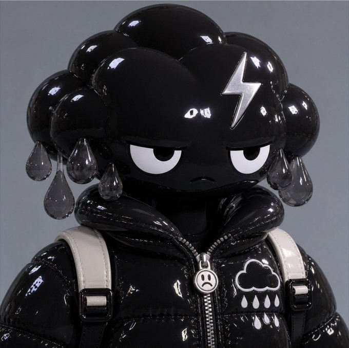 A glossy black vinyl art toy features a grumpy face with rain drops, a lightning bolt on its head, a sad face zipper pull, and a rain cloud emblem on its jacket.