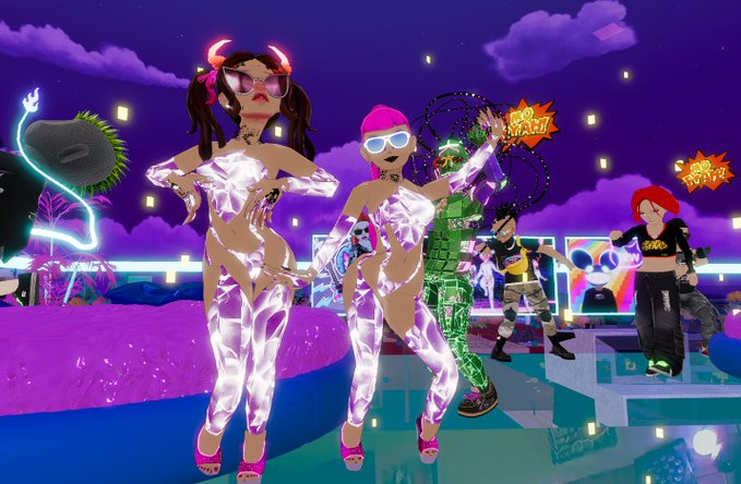 A vibrant digital scene featuring two female avatars in shiny white outfits and sunglasses dancing in a neon-lit club environment.