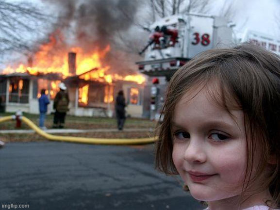 A young girl smiles in the foreground while a house burns in the background with firefighters and a fire truck marked '38' responding to the scene.