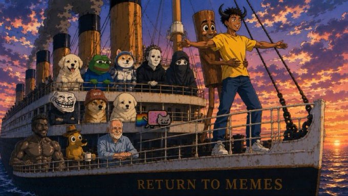 This image depicts a ship labeled "RETURN TO MEMES," filled with various popular internet memes and characters, including Doge, Pepe the Frog, and Nyan Cat, sailing into a sunset. This visual metaphor represents the rise of meme coins like $ANSEM and $PUMP, as highlighted in the accompanying post.
