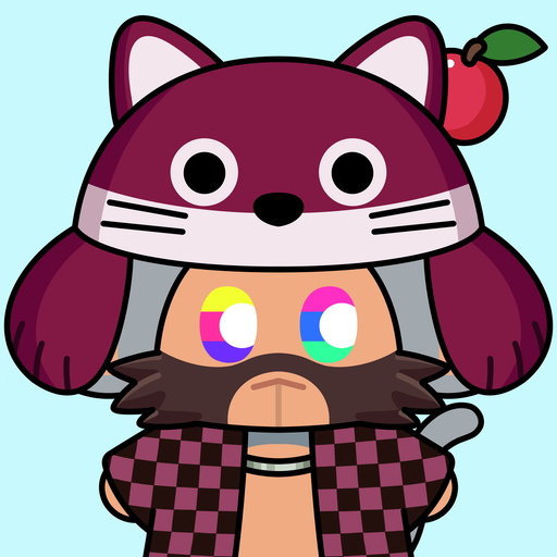 A cartoon illustration shows a character wearing a purple cat-eared hood and a checkered robe, with large, colorful, hypnotic-looking eyes.