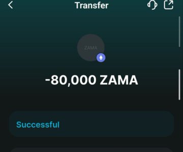 Mobile screen showing a successful transfer of -80,000 ZAMA tokens with a confirmation message.