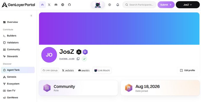 A GenLayer Portal profile page for user 'JosZ' showing community role, joined date of Aug 18, 2026, and links to GitHub, X (@JoZ3321), and Mochi.