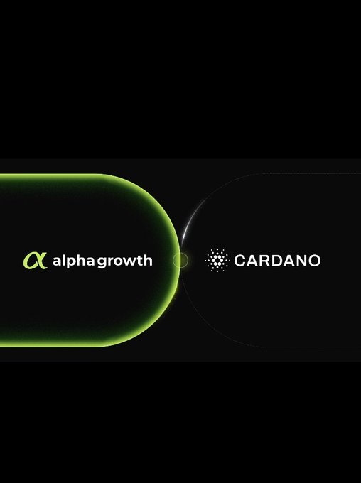 A graphic displays the logos 'alphagrowth' on the left within a green illuminated shape and 'CARDANO' on the right against a black background.
