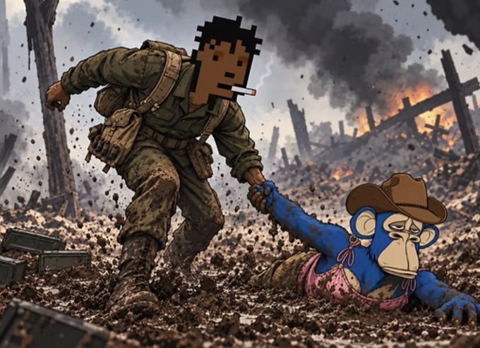 An illustrated scene of a soldier carrying a wounded blue monkey character wearing a cowboy hat and pink dress through a war-torn battlefield with crosses and fire in the background.