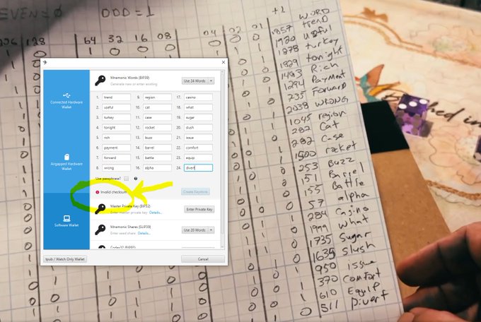 A hand holds a notebook filled with handwritten calculations next to a computer window displaying an 'Mnemonic Words (BIP39)' list, with a yellow arrow pointing to an 'Invalid Checksum' error message.