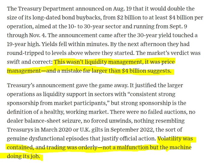 A highlighted excerpt from a financial commentary arguing that the Treasury Department's August 19 announcement to double long-dated bond buybacks from $2 billion to at least $4 billion per operation was not legitimate liquidity management but rather improper price management, given that volatility was contained and markets were functioning orderly. The accompanying post humorously suggests Druckenmiller's "Hermes bot" secretly wrote a WSJ op-ed to publicly justify moves matching his own trading book.
