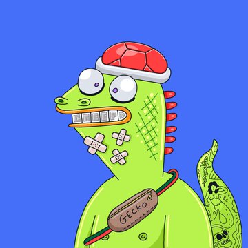 A quirky cartoon features a green lizard or dinosaur character wearing a red and white cap and a tag labeled 'Gecko'.