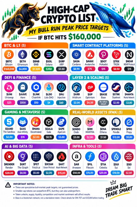 An infographic titled "HIGH-CAP CRYPTO LIST: MY BULL RUN PEAK PRICE TARGETS IF BTC HITS $160,000" displaying categorized crypto price predictions across ten sectors, including BTC & L1 ($BTC $160K, $ETH $6K, $SOL $350), Smart Contract Platforms ($AVAX $75, $DOT $15), DeFi ($UNI $25, $AAVE $500), Gaming ($SAND $2, $AXS $15), RWAs, AI, and Infrastructure coins. The image visually matches and expands upon the accompanying post's mid-2027 bull run targets with 50 specific cryptocurrency tickers and price goals.