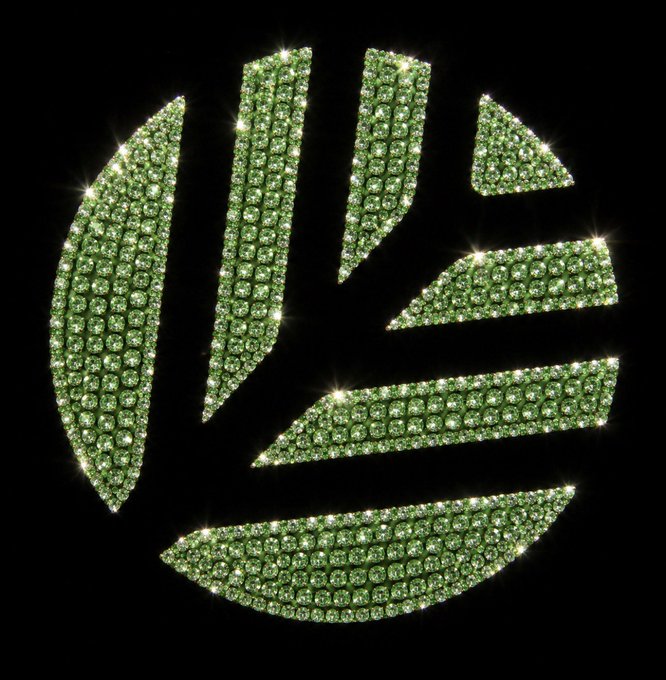 A green gem-encrusted circular logo resembling a volleyball design set against a black background.