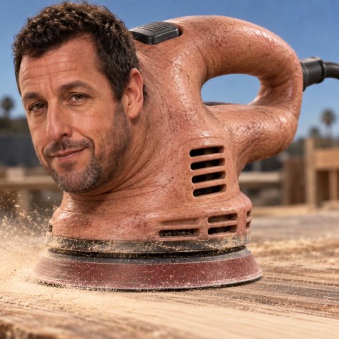 A surreal AI-generated image showing a power sander with the face of actor Adam Sandler attached to its body, sanding a wooden surface.