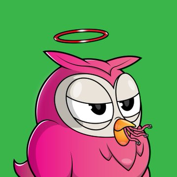 A cartoon illustration of a pink owl with a red halo holding a worm in its beak against a green background.