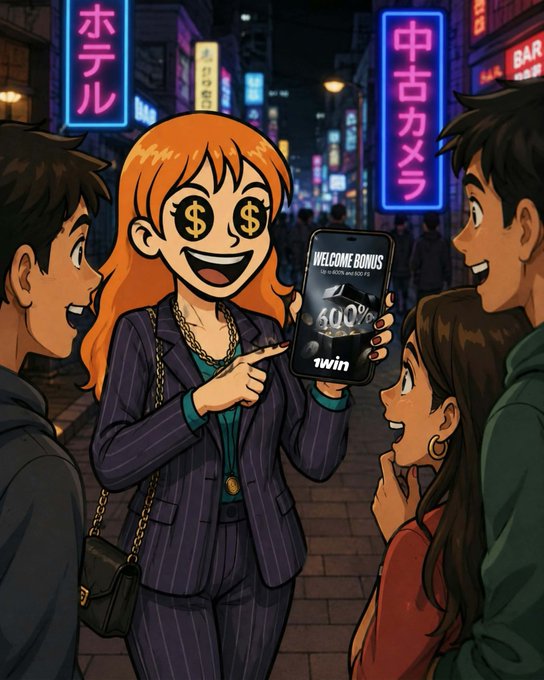 An anime-style illustration of a woman with dollar signs in her eyes showing a smartphone displaying "WELCOME BONUS" and "600% win" to amazed friends on a neon-lit street with Japanese signage including "ホテル" and "中古カメラ".