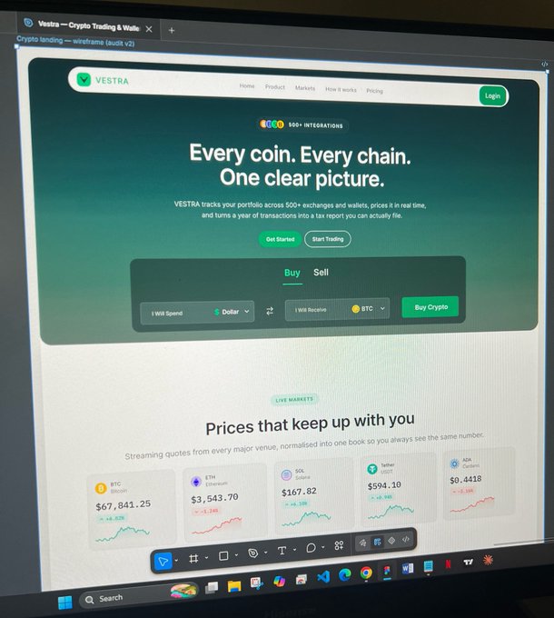 A computer monitor displays the Vestra Crypto Trading & Wallet website (Crypto landing — wireframe (audit v2)) with the tagline "Every coin. Every chain. One clear picture." and shows live market prices for BTC Bitcoin ($67,841.25), ETH Ethereum ($3,543.70), SOL Solana ($167.82), Tether USDT ($594.10), and IDK Coin.