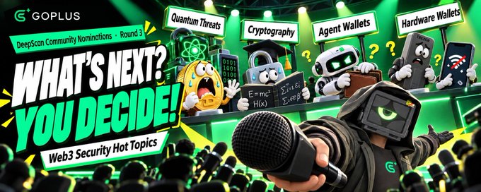 A neon-green Goplus promotional graphic announces “DeepScan Community Nominations · Round 3” and “What’s Next? You Decide!” for “Web3 Security Hot Topics.” Robot speakers discuss “Quantum Threats,” “Cryptography,” “Agent Wallets,” and “Hardware Wallets,” matching the post’s theme of quantum computing, smart contracts, Bitcoin, and crypto security.