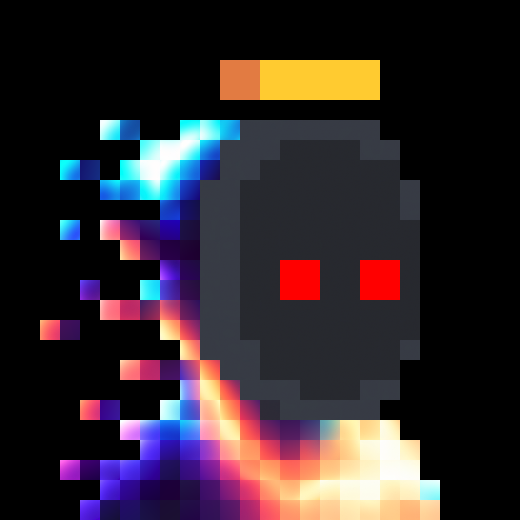 A pixel art illustration on a black background depicting a glitchy digital figure with a dark gray blocky head featuring two red pixel eyes and a multicolored body dissolving into rainbow-colored pixels.