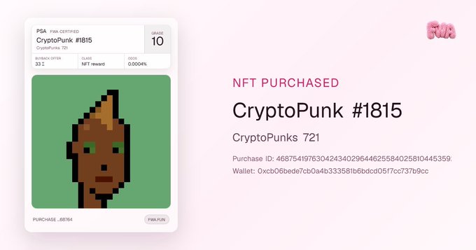 A digital certificate confirms the purchase of CryptoPunk #1815 from the CryptoPunks 721 collection, showing a grade of 10 and the transaction details including purchase ID and wallet address.