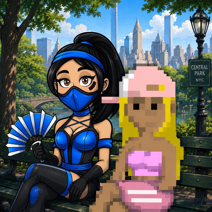 An anime-style illustration of a female character in blue ninja attire with a face mask sitting on a park bench, next to a pixelated figure wearing a pink hat and pink swimsuit, with a 'CENTRAL PARK NYC' sign and city skyline in the background.