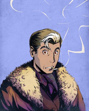 A comic-book style illustration of a man with slicked-back hair featuring a white streak, smoking a cigarette while wearing a purple suit with a fur collar.
