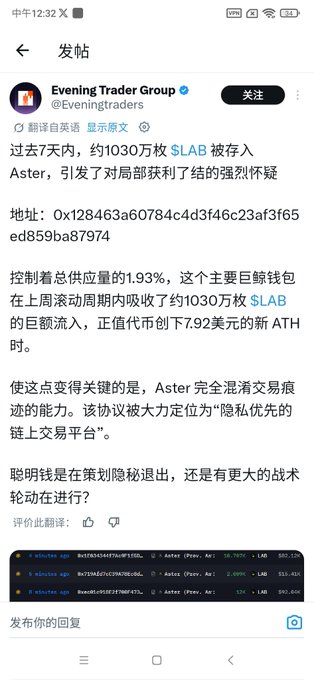 The image presents a screenshot of a Twitter post by the Evening Trading Group, an account with multiple followers. The post seems to be a conversation or discussion about market analysis for the stock $LAB Market. It includes information about the price trend as well as various charts and data in different languages such as Chinese and English. The post also mentions a whale transfer taking place, which could indicate an accumulation of gains among some players in the markets being followed. A discussion on how the stocks are doing is happening.