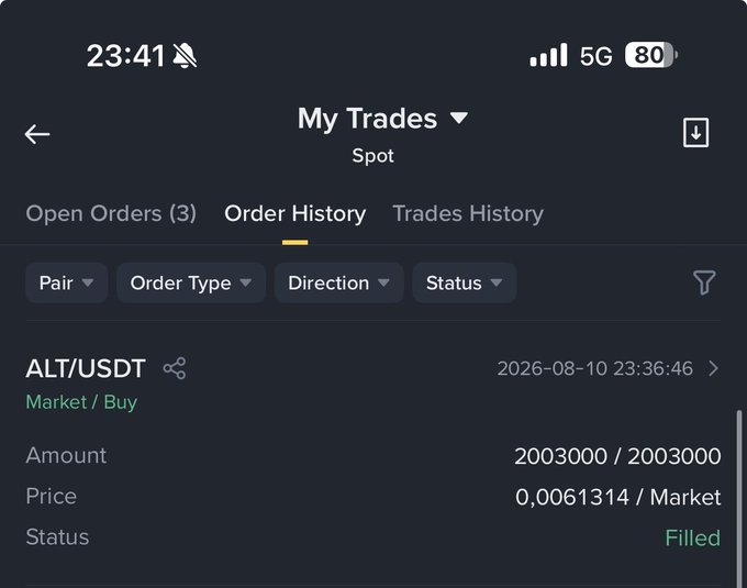 A mobile screenshot of a "My Trades" page showing the Order History tab, with a filled Market Buy order for 2,003,000 ALT/USDT at 0.0061314 executed on 2026-08-10, corresponding to the post's claim of adding 2 million more $ALT tokens.