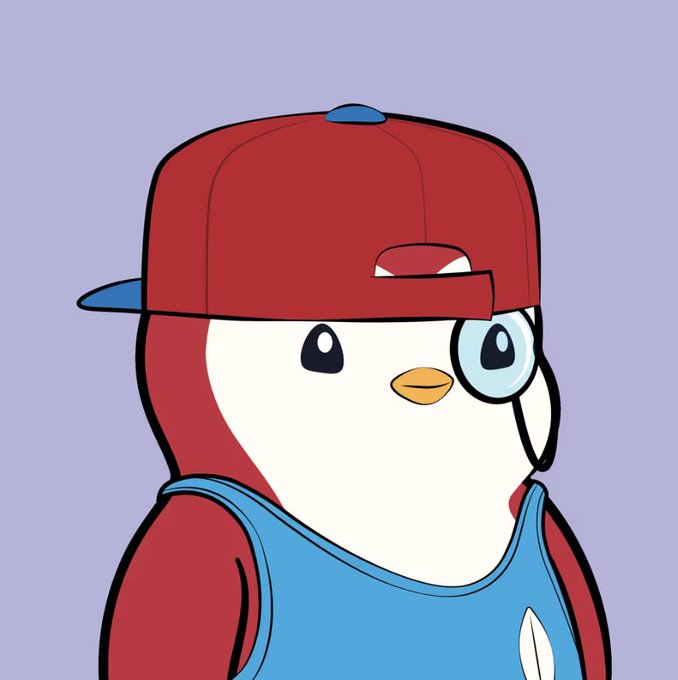 A cartoon penguin wearing a red baseball cap and blue tank top, representing the Pudgy Penguins NFT collection, shown to celebrate a birthday with pride as a holder.