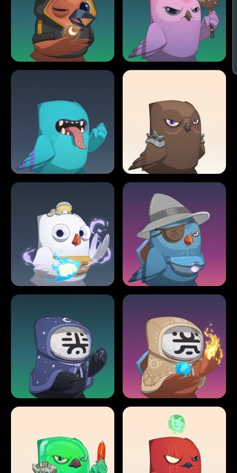 A grid of stylized cartoon bird avatar icons with various costumes, colors, and magical elements like fire, ice crystals, and wizard hats.
