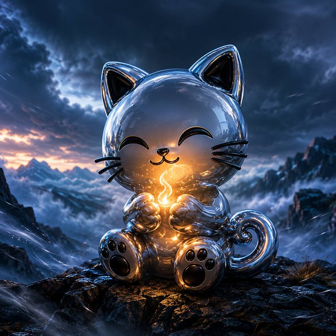 A digital illustration of a chrome cat figurine holding a glowing golden orb in its paws, sitting on a rocky surface with a dramatic cloudy mountain landscape behind it.