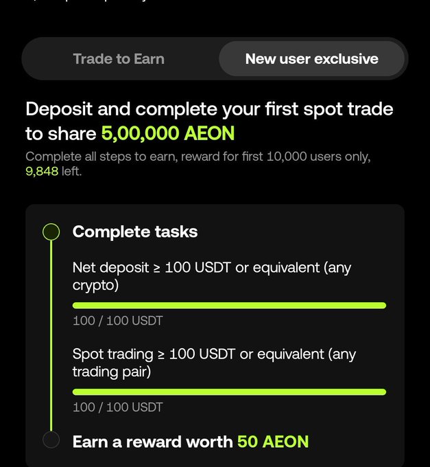 A dark-themed mobile app screenshot showing a 'New user exclusive' task to 'Deposit and complete your first spot trade to share 5,00,000 AEON', with progress bars indicating completed deposits and spot trading of 100 USDT.