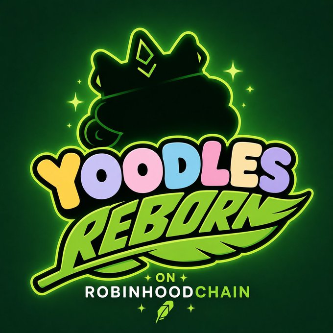 A neon-style logo for 'Yoodles Reborn on Robinhood Chain' featuring a cat silhouette, colorful bubble letters, and a green leaf, set against a dark green background.
