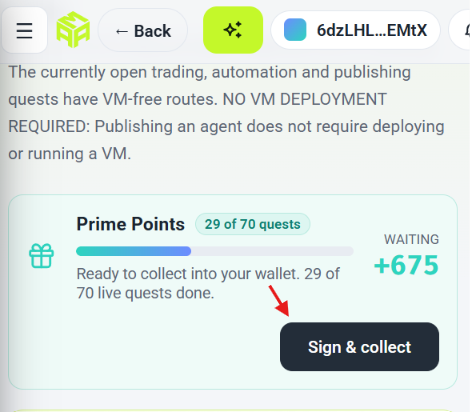 A screenshot of a web interface showing a 'Prime Points' reward card indicating 29 of 70 quests completed, with +675 points waiting and a 'Sign & collect' button.