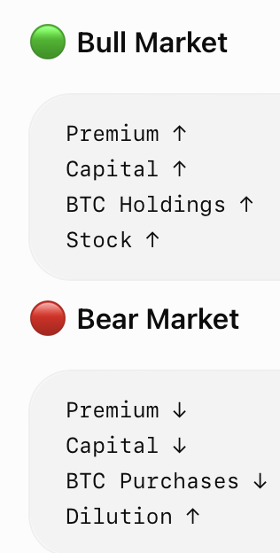 The image contrasts bull and bear market conditions for Strategy's Bitcoin flywheel: in bull markets, Premium, Capital, BTC Holdings, and Stock all rise, while in bear markets, Premium and Capital fall, BTC Purchases decline, and Dilution increases—illustrating the post's warning that the real risk isn't Bitcoin itself but losing access to cheap financing, since without attractive equity and preferred share issuance, the acquisition cycle breaks down during downturns.