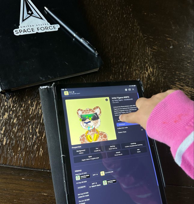 A hand in a pink sleeve points at a tablet screen displaying an NFT profile for 'Wild Tigers #5872' with a cartoon tiger wearing sunglasses, placed on a wooden table next to a 'United States Space Force' notebook and pen.