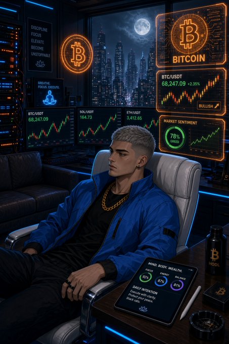 A digital artwork of a man in a blue jacket sitting in a high-tech room with multiple screens displaying Bitcoin (BTC/USDT 68,247.09) and other cryptocurrency data.