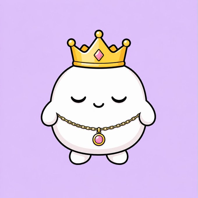 A cute, cartoon-style white round character wearing a golden crown and a gold chain necklace with a pink gem, set against a light purple background.