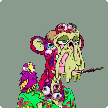 A colorful, grotesque cartoon illustration featuring a monstrous creature with multiple eyeballs, a distorted face with a long pink tongue, and a purple bird perched on its shoulder against a muted olive-green background.