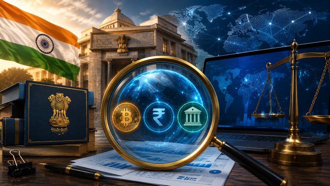 The image features a magnifying glass over Bitcoin, Indian Rupee (₹), and bank symbols, alongside the Indian flag, a law book with the national emblem, scales of justice, and a digital world map—all symbolizing India's expanded regulatory oversight of crypto-assets and CBDCs. It visually reinforces the CBDT's update to include digital currencies within its global tax reporting framework.