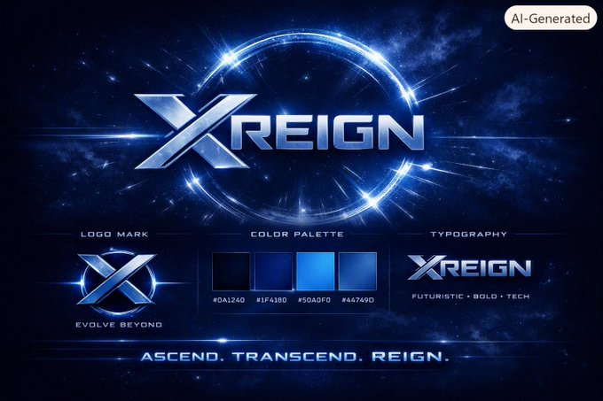An AI-generated logo design for 'XREIGN' featuring a metallic blue 'X' inside a glowing circular frame, with a color palette of #0A1240, #1F4180, #50A0F0, #64749D and the tagline 'ASCEND. TRANSCEND. REIGN.'
