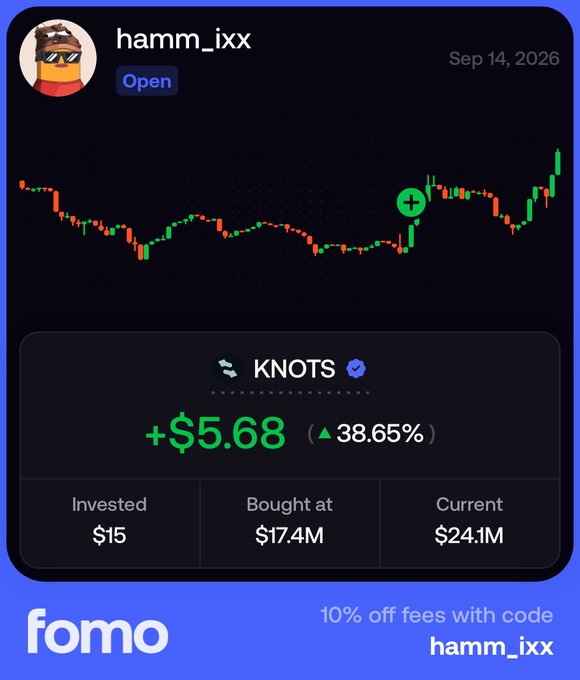 A Fomo trading app screenshot showing a trade on the KNOTS token by user 'hamm_ixx' with a +$5.68 profit and +38.65% gain, invested $15 with a current market cap of $24.1M.