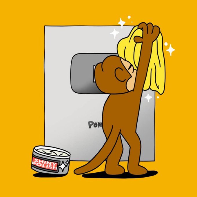 A cartoon monkey polishes a silver object labeled "PON" with a yellow cloth and "SHINY POLISH," likely representing the "Ponke IP distribution in progress."